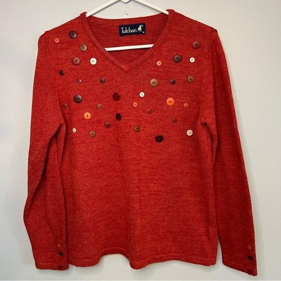 Tulchan Cotton V Neck Sweater Orange Sz M Buttons Teacher Artsy Student Retro - Picture 1 of 11
